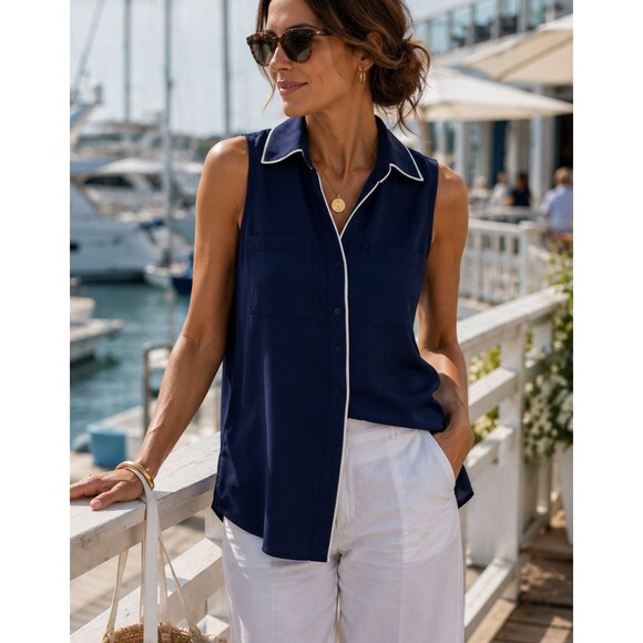 Express Tops - Express Portofino Sleeveless Blouse Navy White Trim Button Front Size S